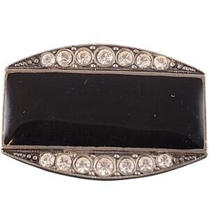 Vintage Art Deco Black Enamel & Rhinestone Brooch Pin 1.2” Elegant Retro